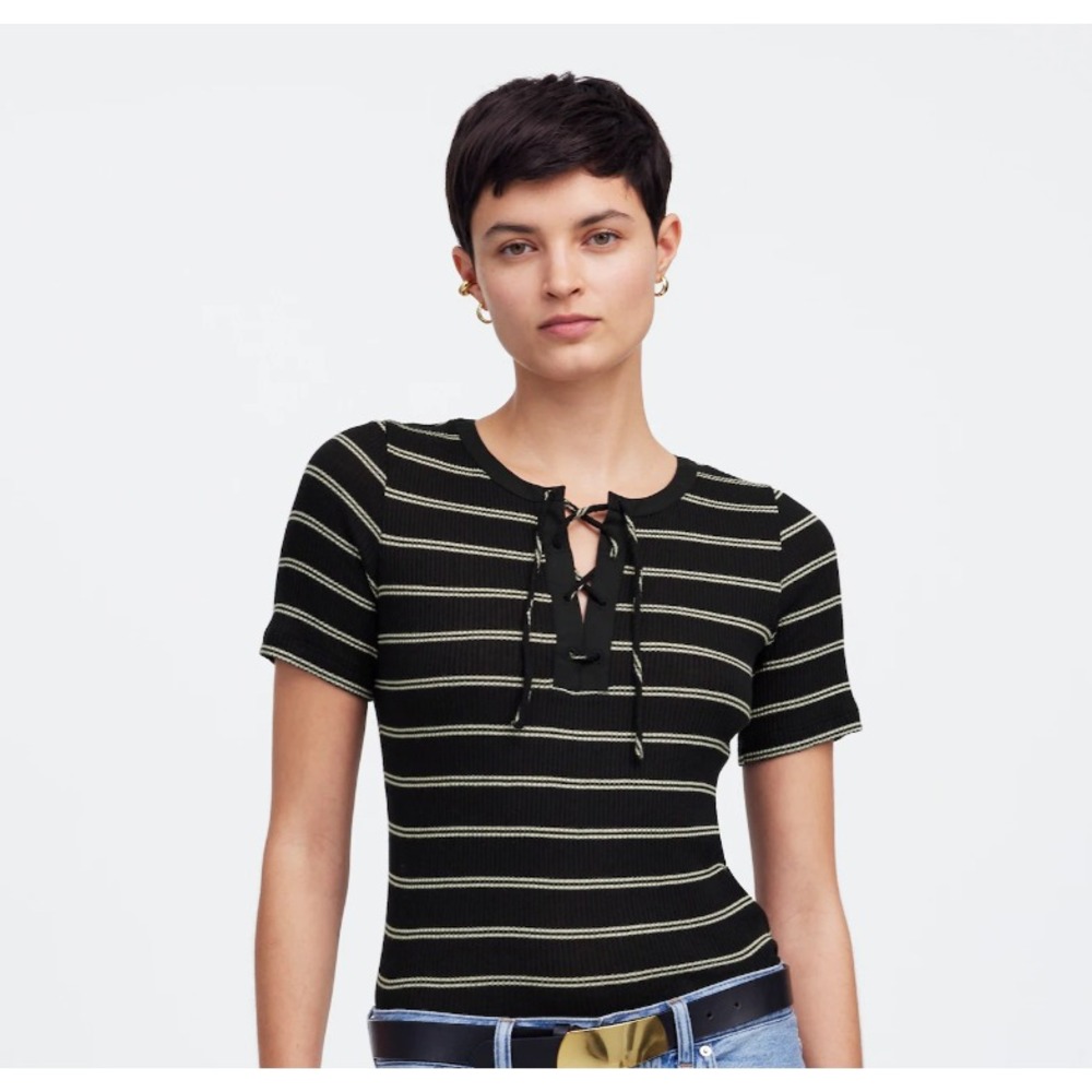 Madewell Ribbed Lace-Up Short-Sleeve Tee Women's Size Large Black Striped